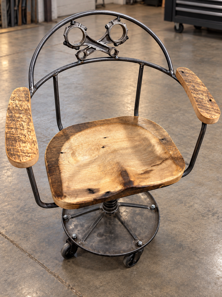 Chair with a metal frame, wooden seat and armrests, and crossed connecting rods in the backrest.