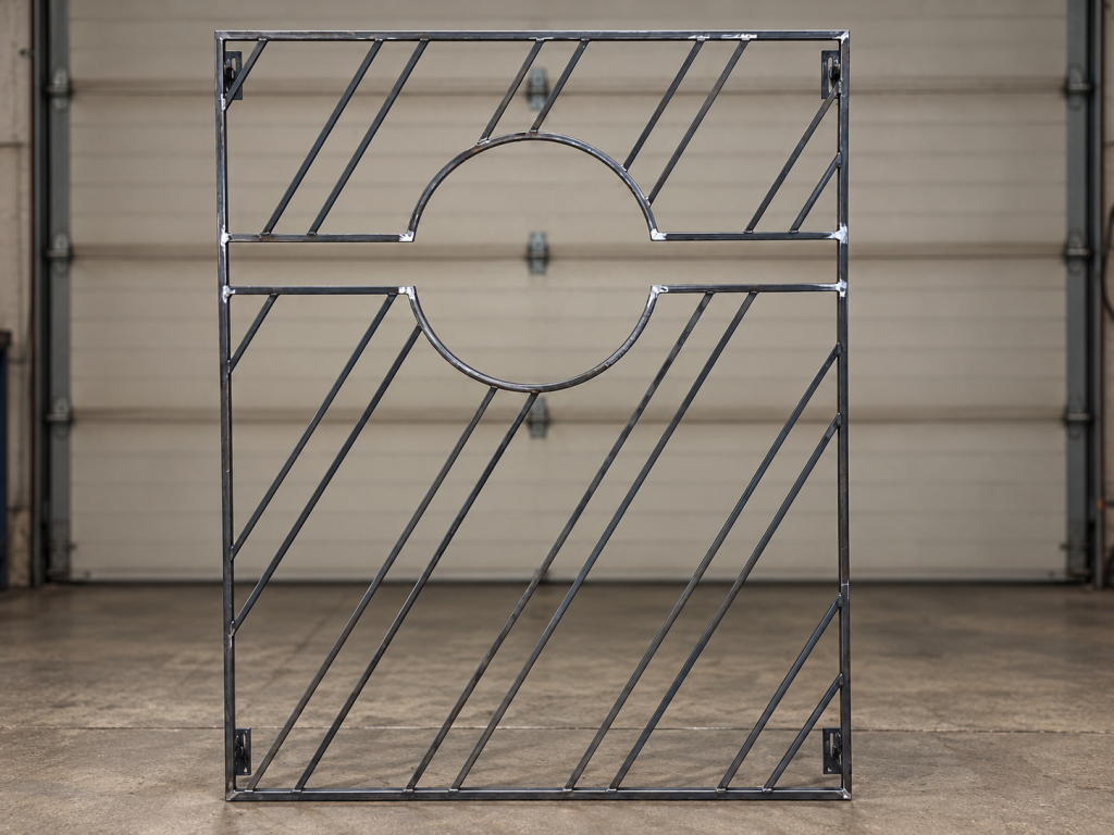 Metal gate with diagonal bars and a circular center detail.