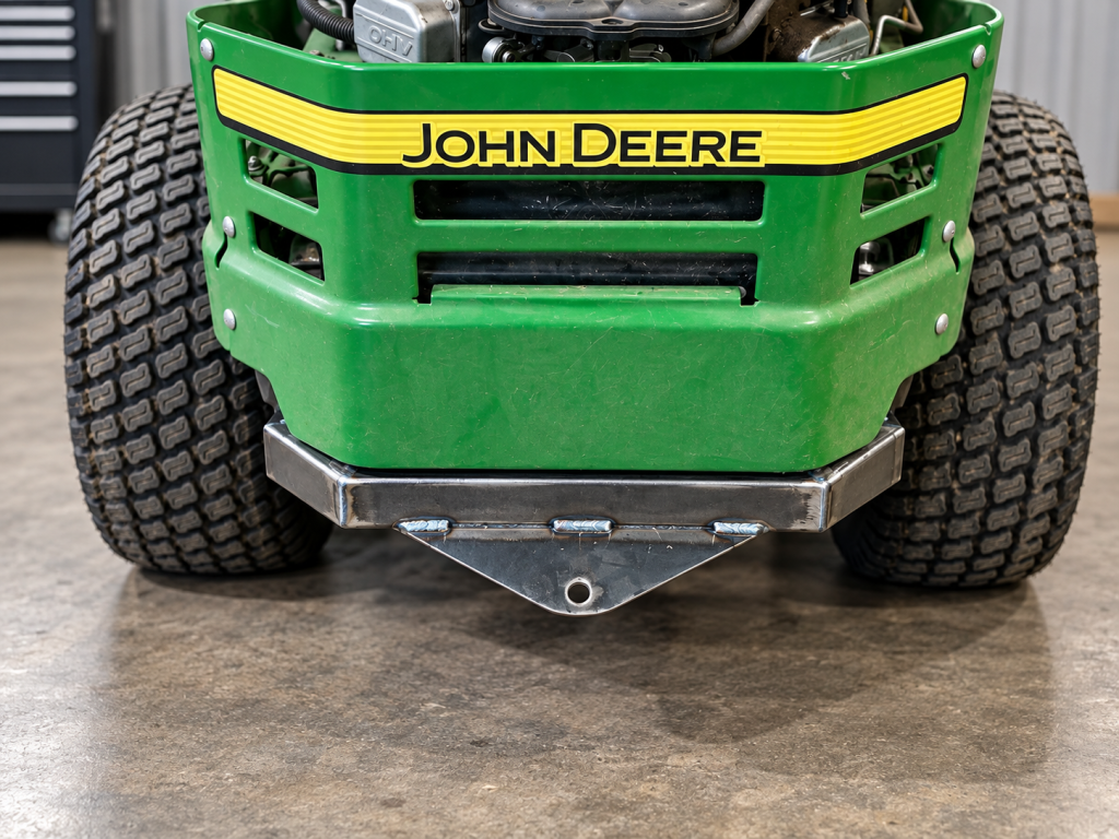 Unpainted metal trailer tongue with a triangular plate on a John Deere mower.