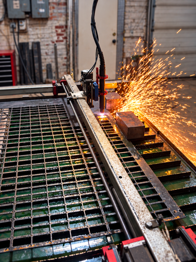 Plasma cutting torch producing sparks over a metal cutting table.
