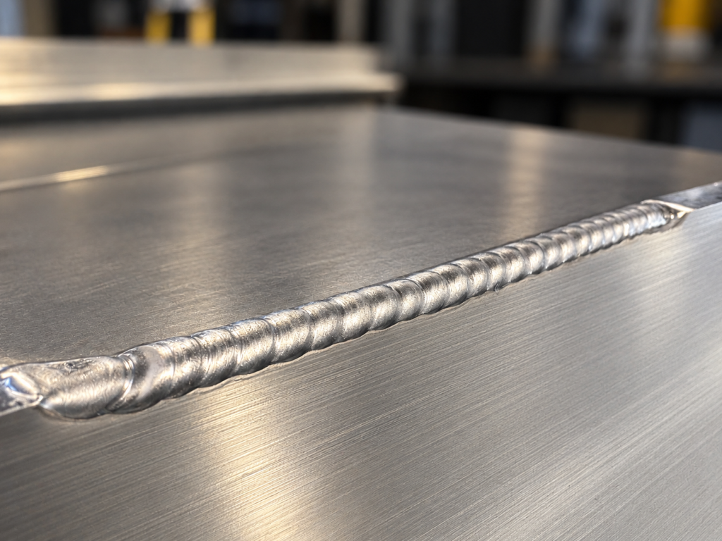 Close-up of a continuous weld bead along the edge of a metal panel.