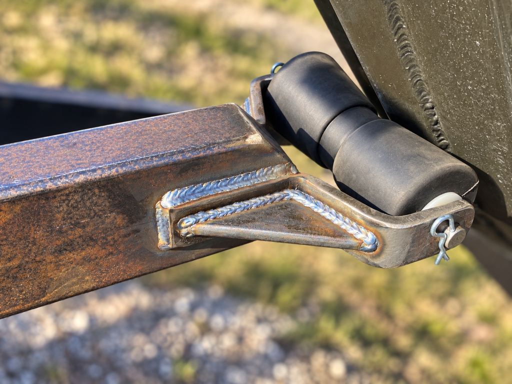 Welded metal bracket supporting a black roller on a rectangular frame.